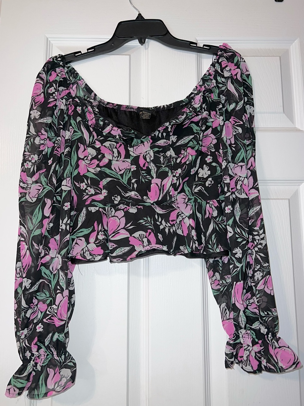 Japna Black Floral Crop Top with Pink & Green